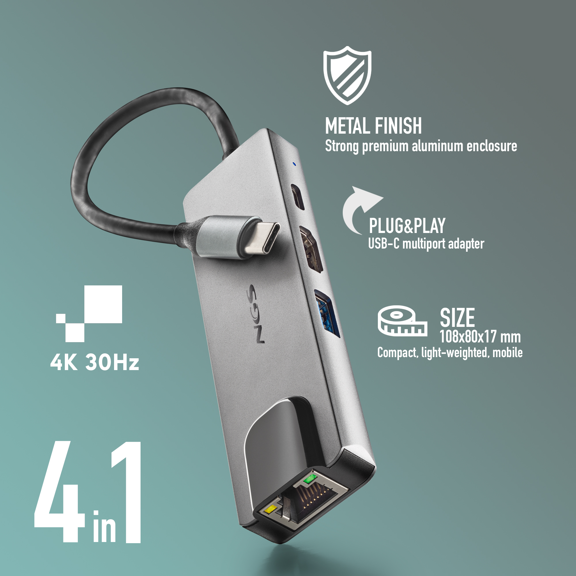 Ein silberner USB-C-Multiport-Adapter, der Metalloberfläche und 4.1 in Funktionen zeigt.