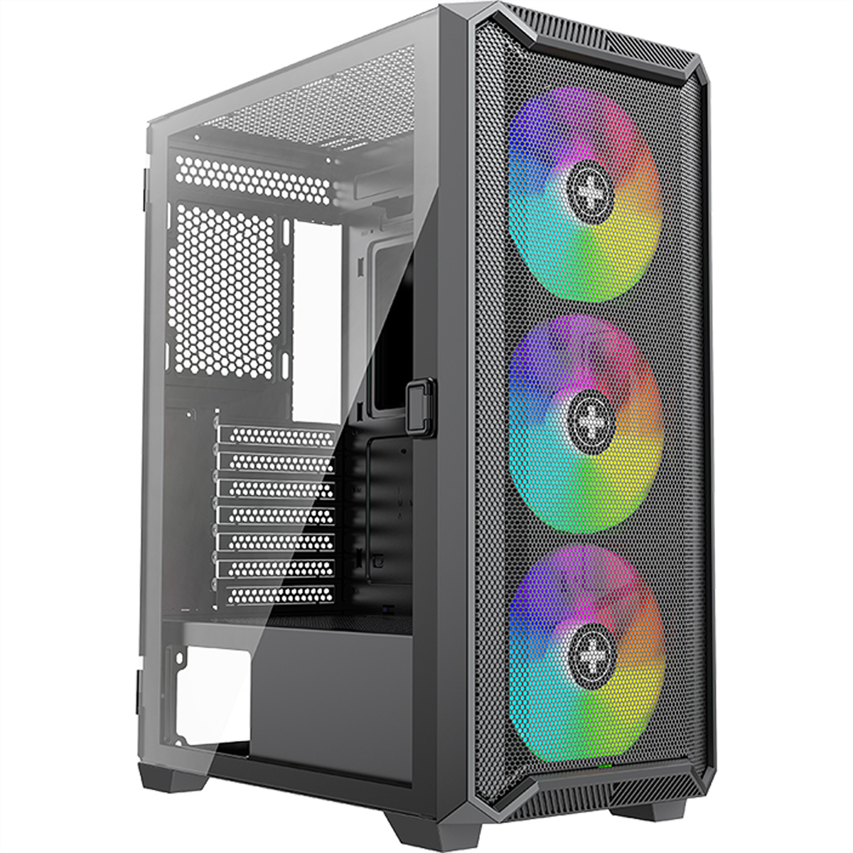 Un case per computer nero con un pannello laterale in vetro e tre ventole colorate sul davanti.