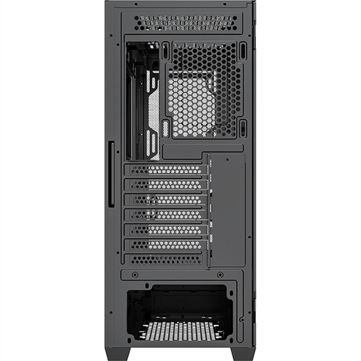 Retro di un case per computer grigio scuro, con varie aperture per componenti e ventilazione.