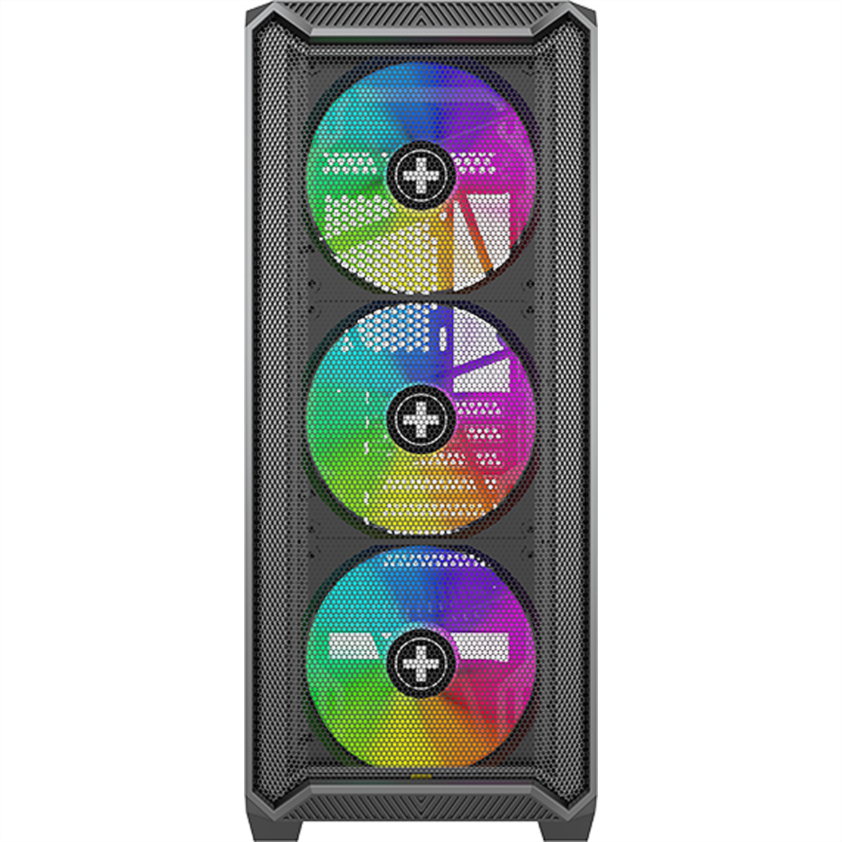 Parte anteriore del case del computer con tre ventole RGB, colorate e illuminate.