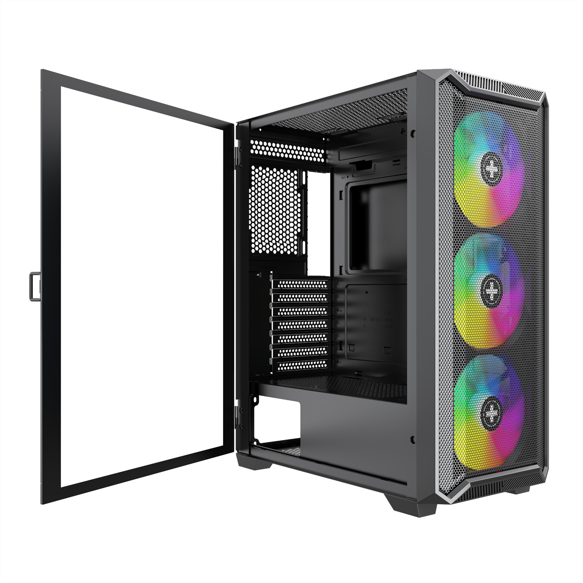 Un case per computer con pannello laterale trasparente e luci colorate delle ventole.