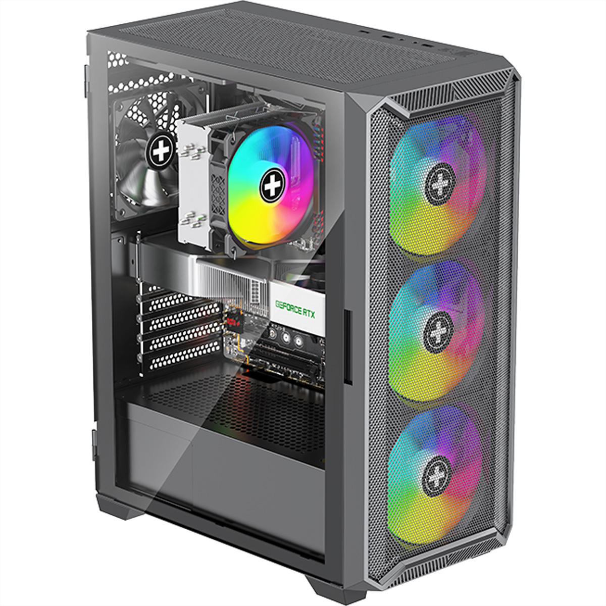 Un case per computer con pannello laterale trasparente, che mostra i componenti interni: ventole, dissipatore del processore e scheda grafica.