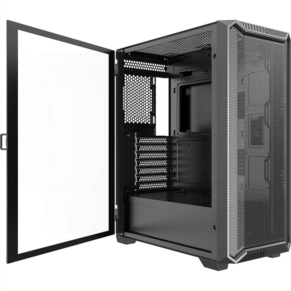 Case per computer nero con porta in vetro aperta, lato a rete, sfondo bianco.