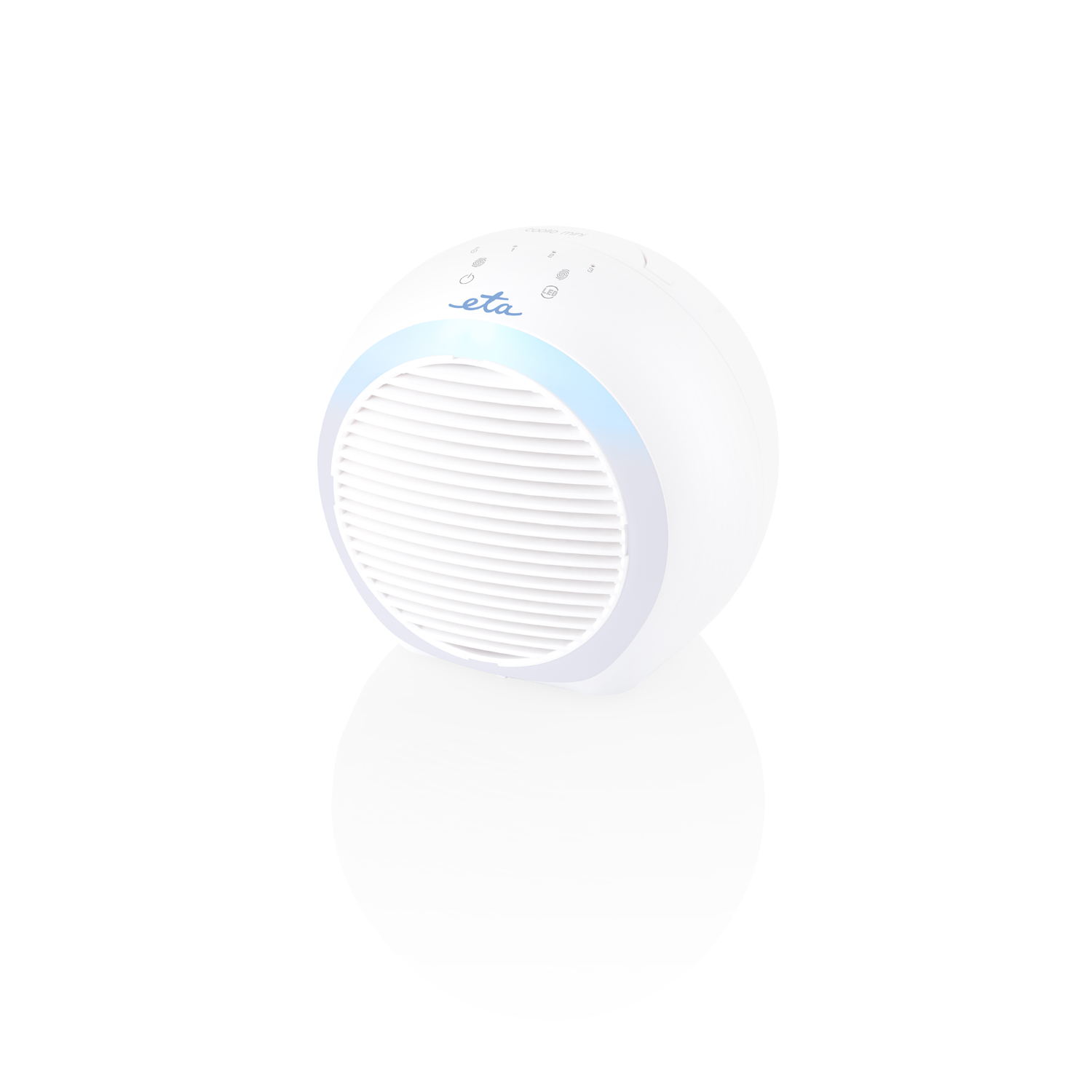 Un purificatore d'aria bianco con un anello di luce blu. Ha una forma arrotondata.
