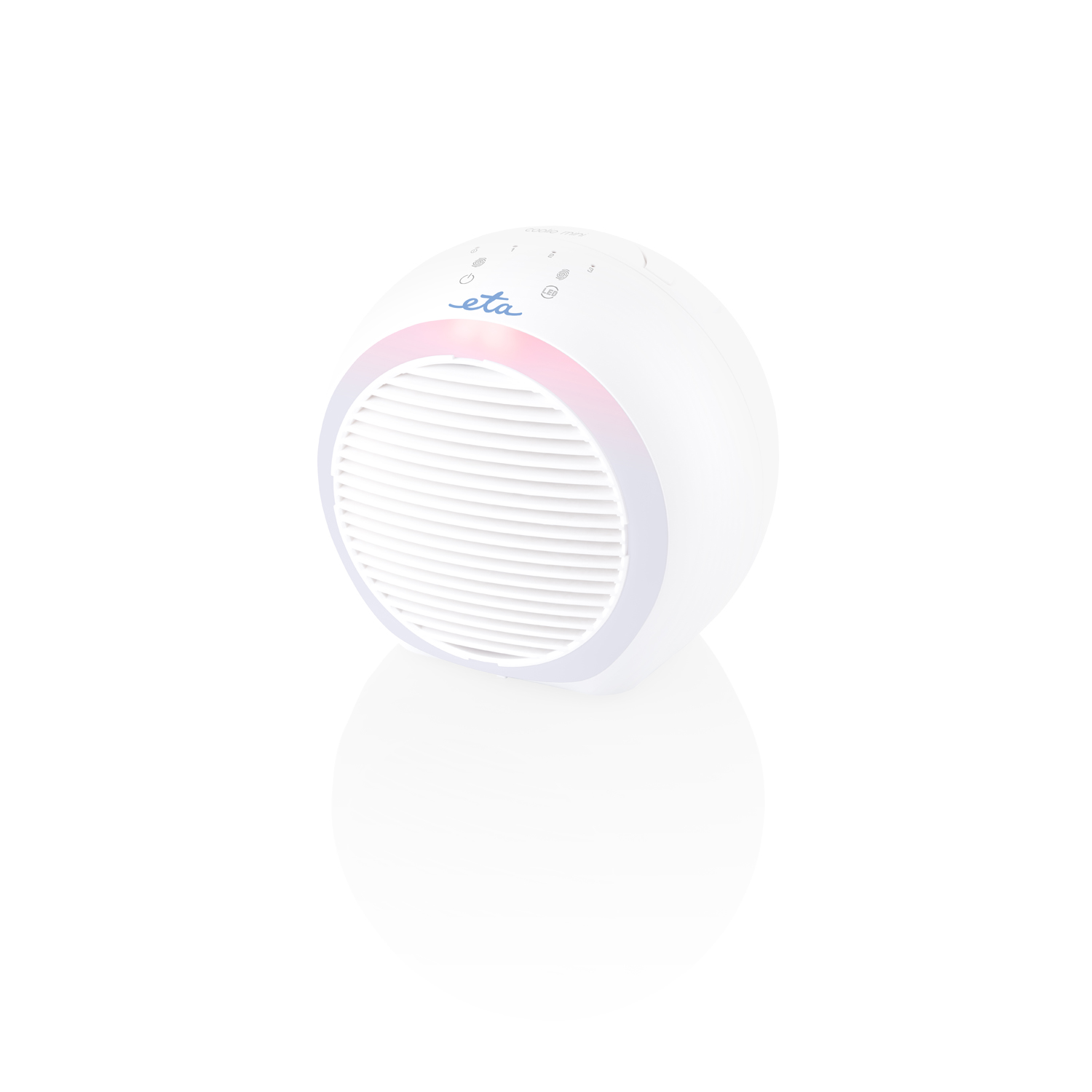 Purificatore d'aria sferico bianco con anello luminoso colorato in basso, su superficie bianca.