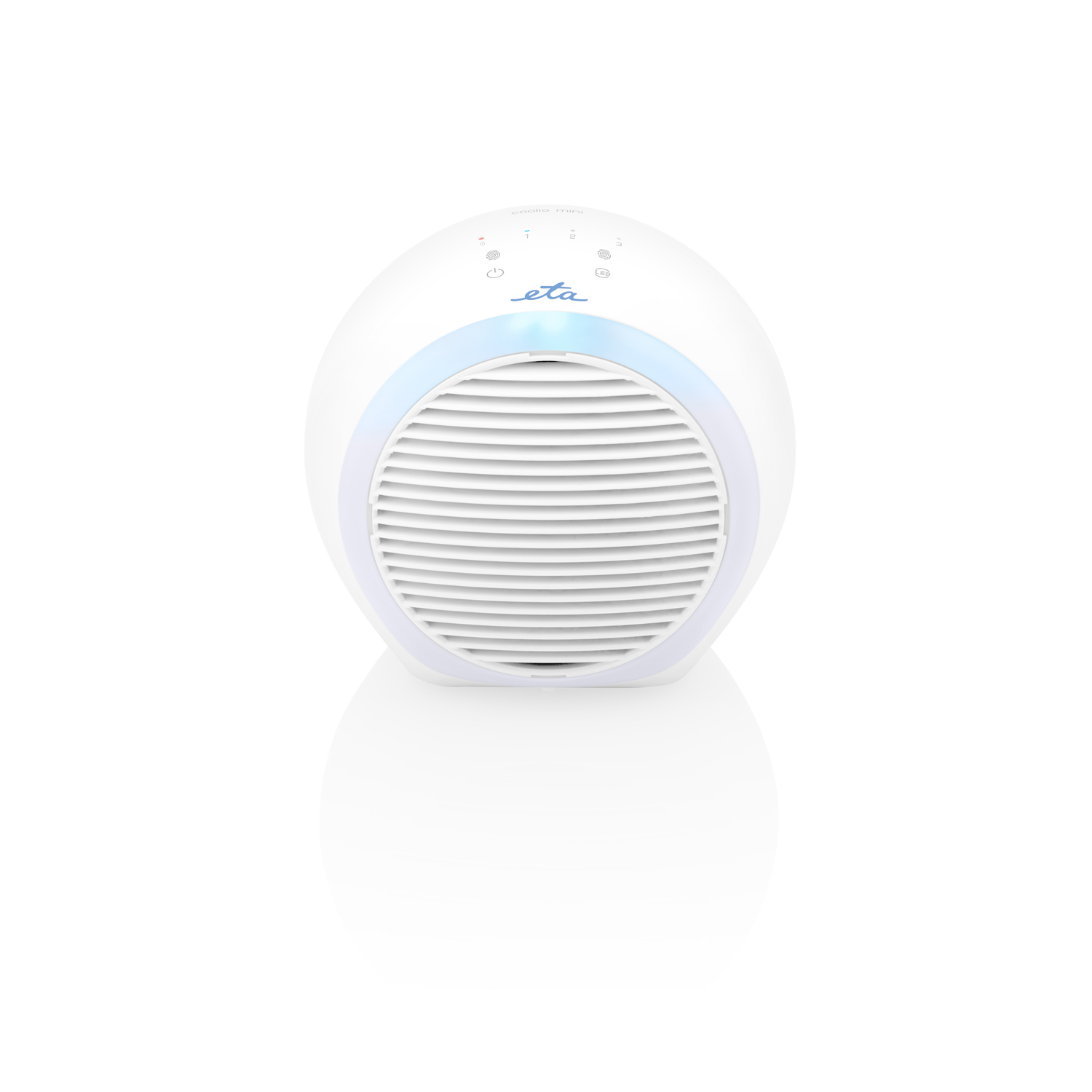 Un purificatore d'aria bianco con una luce blu. Il purificatore ha un design circolare con lamelle bianche.