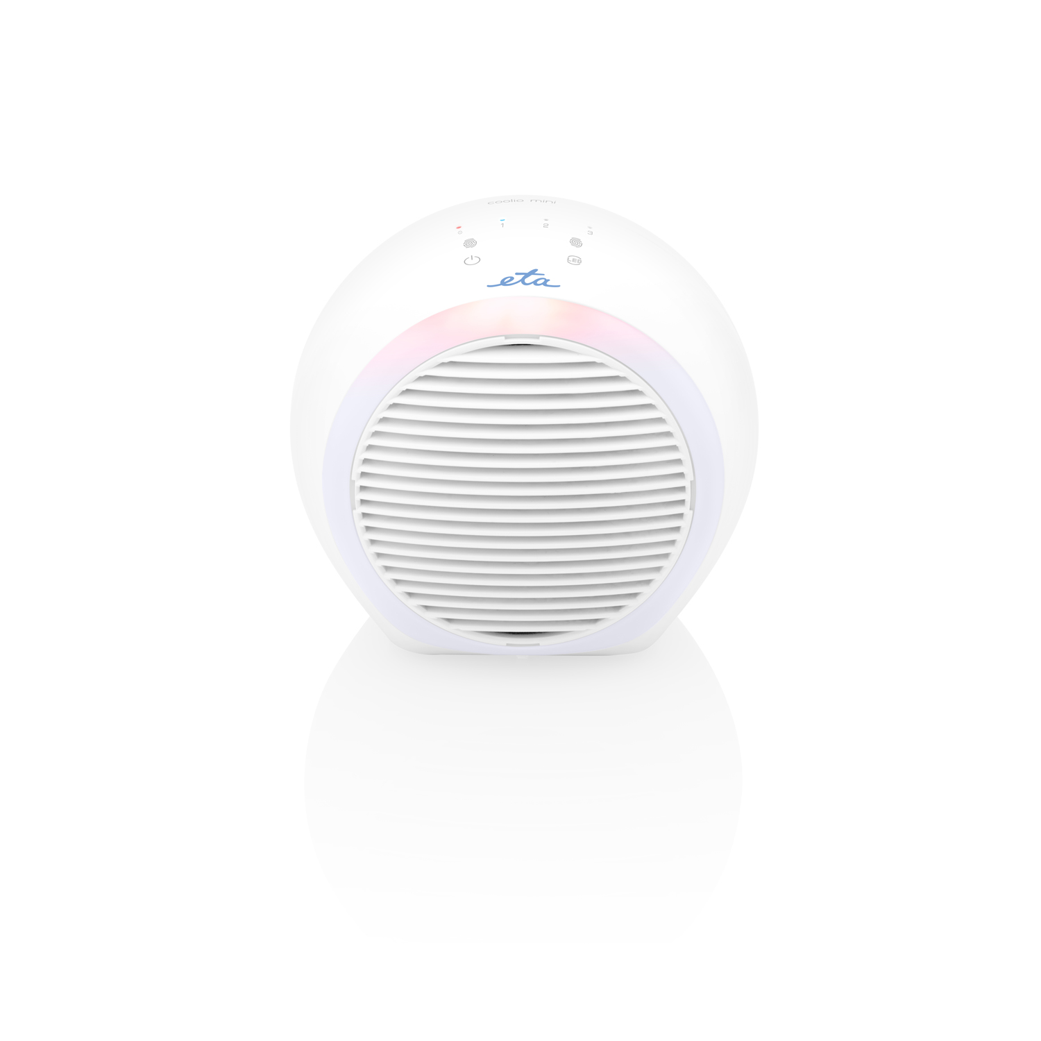 Purificatore d'aria bianco con anello luminoso che cambia colore. Isolato su bianco, vista frontale.
