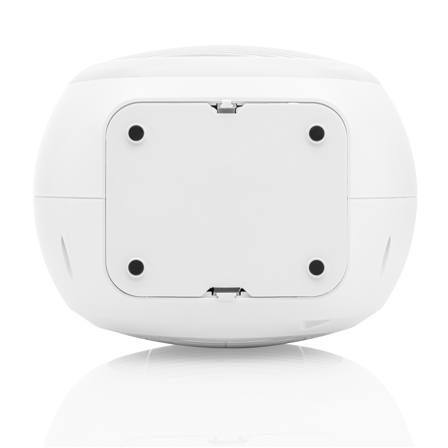 Un dispositivo bianco con quattro punti neri, forse una base o la parte inferiore di un gadget.