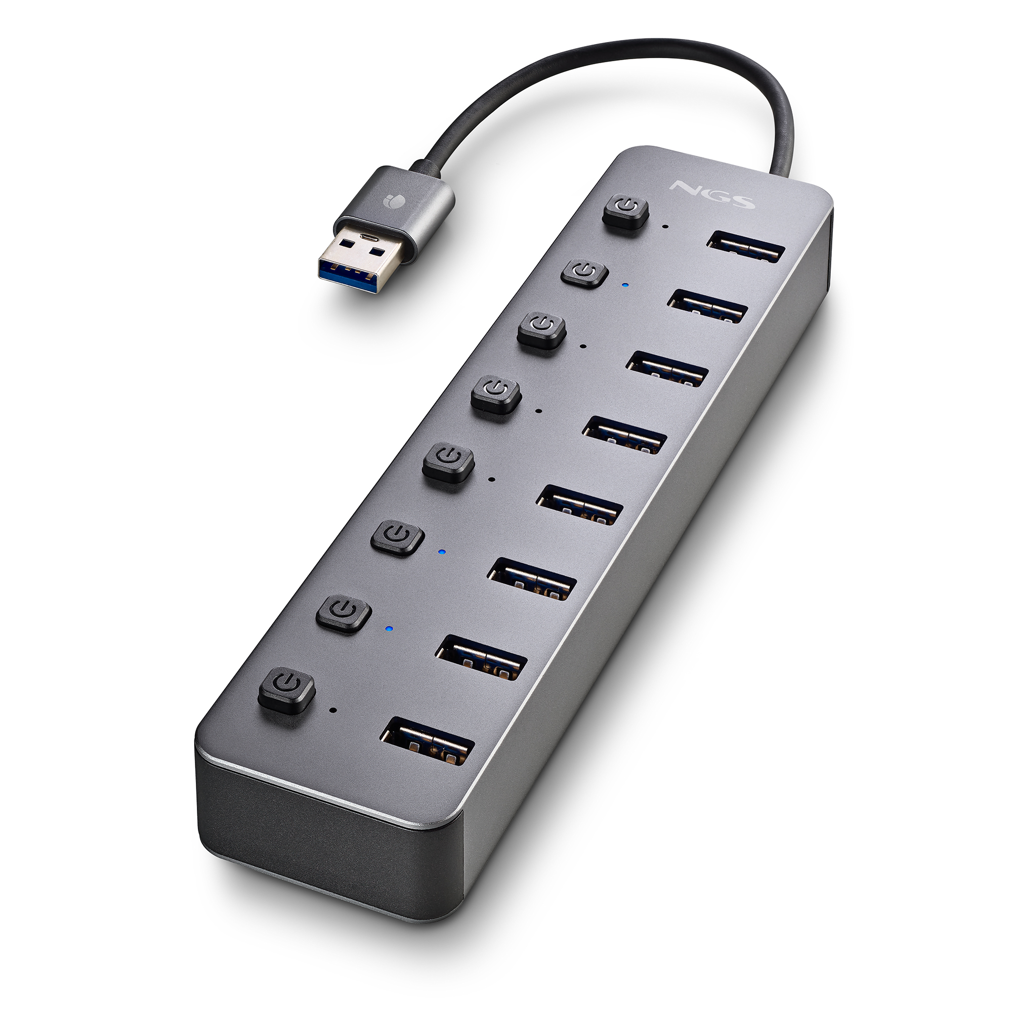Ein grauer USB-Hub mit mehreren USB-Anschlüssen, einem USB-Kabel und Ein- / Aus-Schaltern.