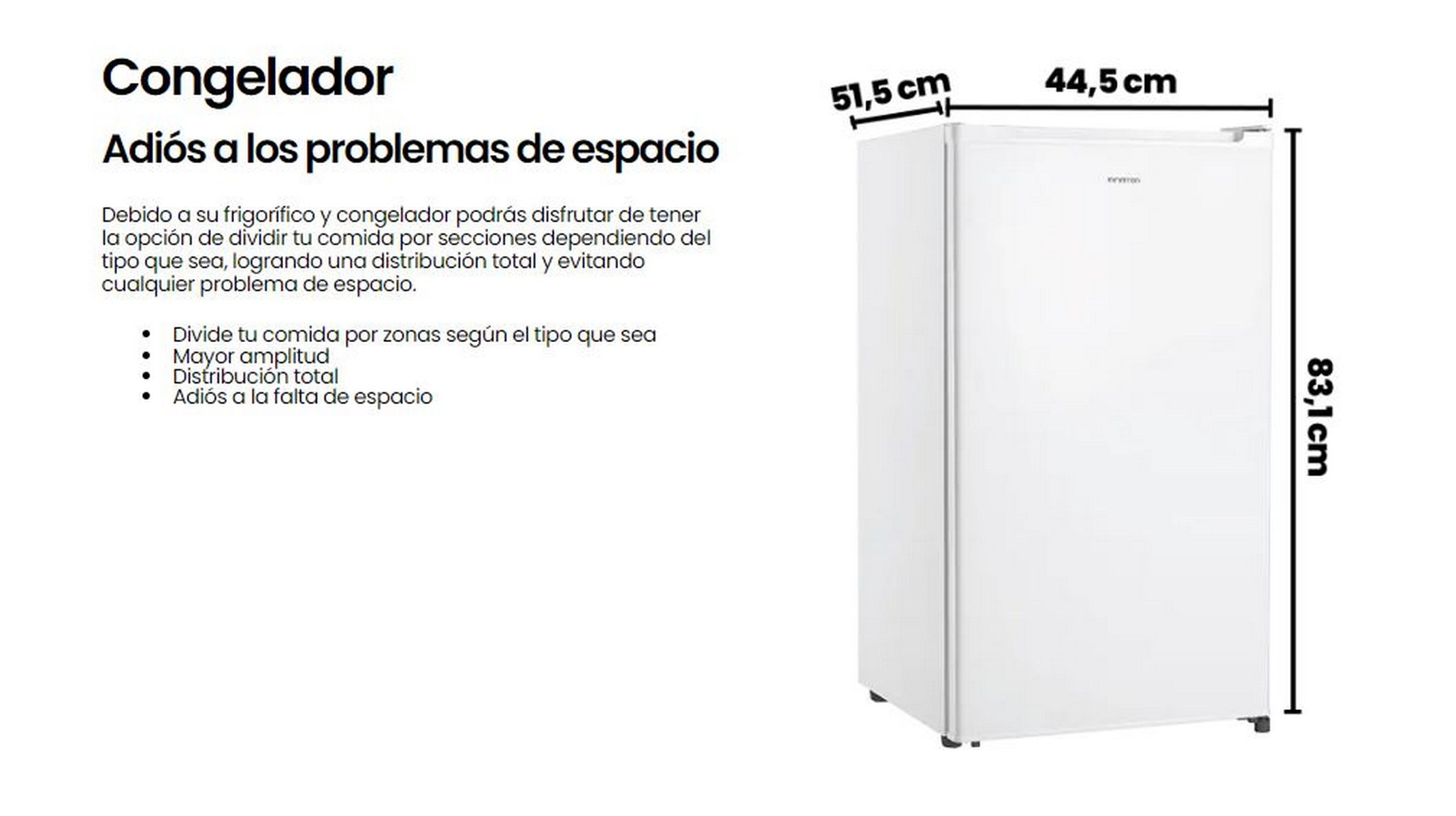 Frigorífico blanco con dimensiones y texto en español, sobre fondo blanco.