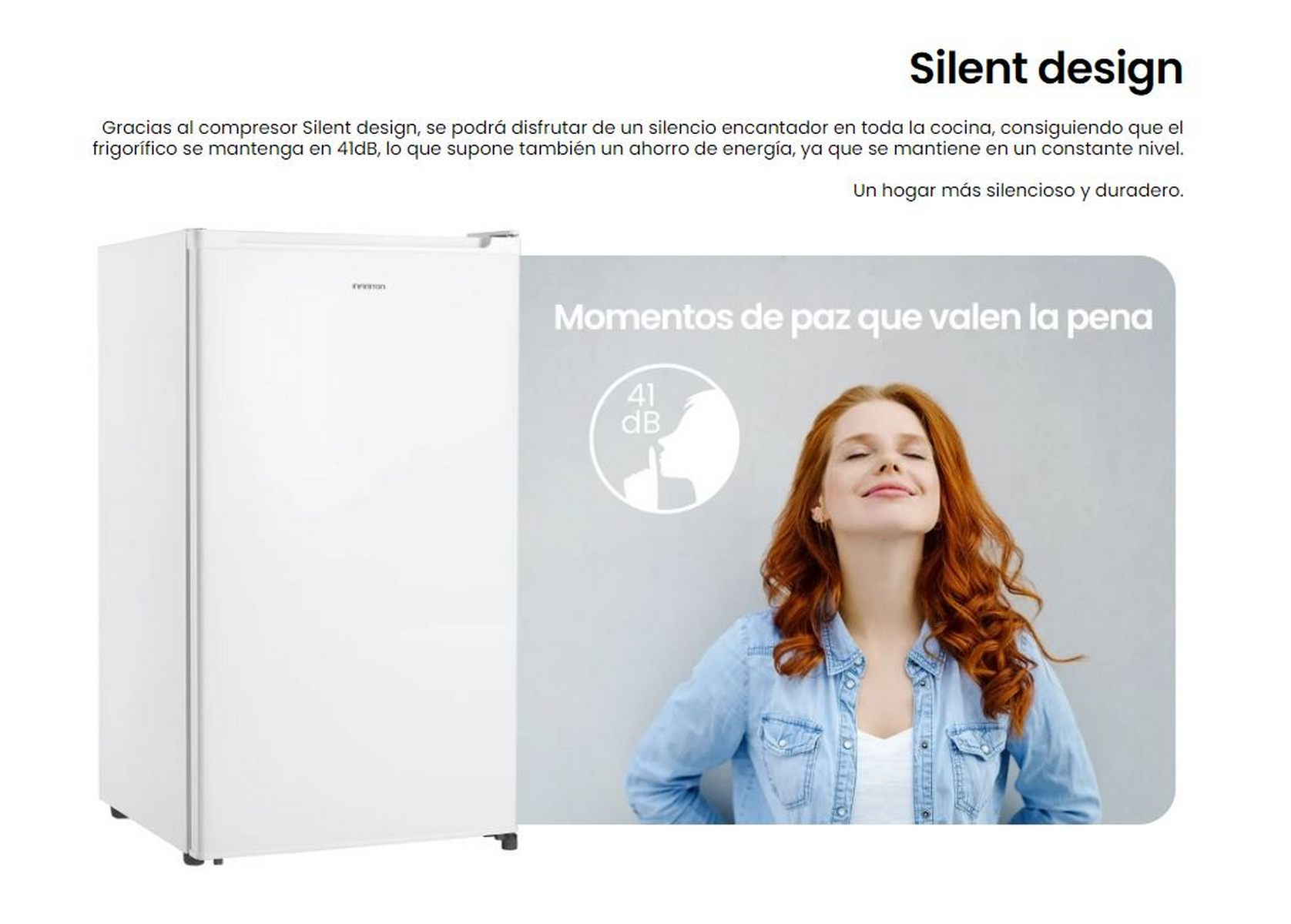 Un refrigerador blanco con una mujer sonriendo al lado. Texto sobre diseño silencioso y ahorro de energía.