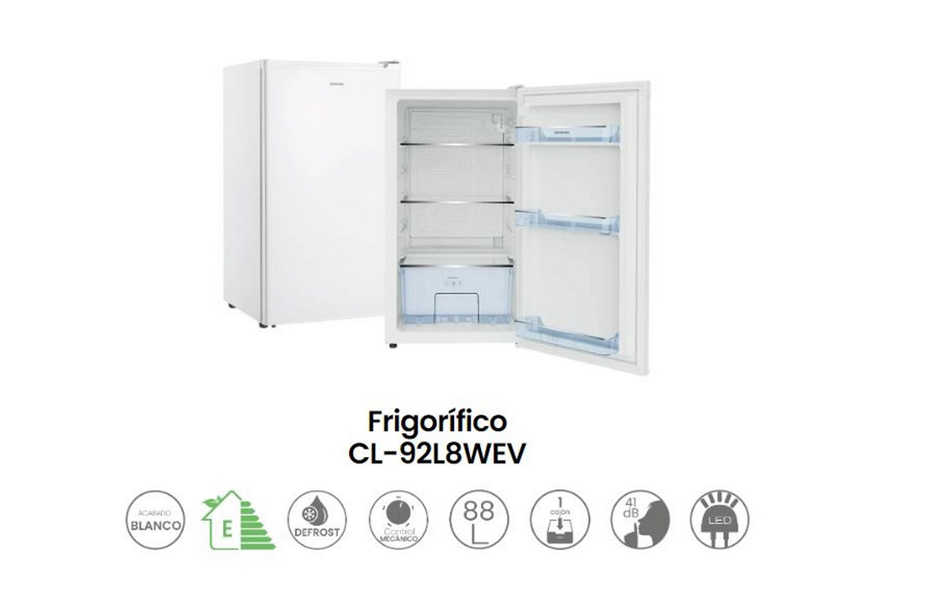 Refrigerador blanco con la puerta abierta, mostrando estantes y un cajón, y un refrigerador cerrado.