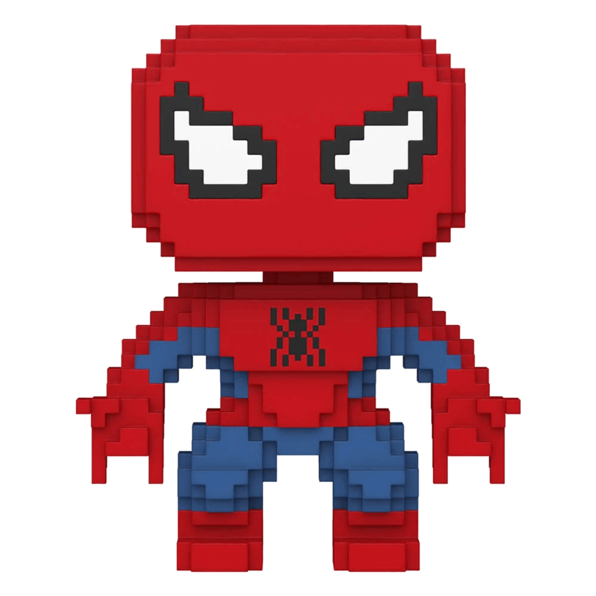 Figura pixelada de Spider-Man, traje rojo con detalles azules, símbolo de araña negro y ojos blancos, sobre fondo negro.