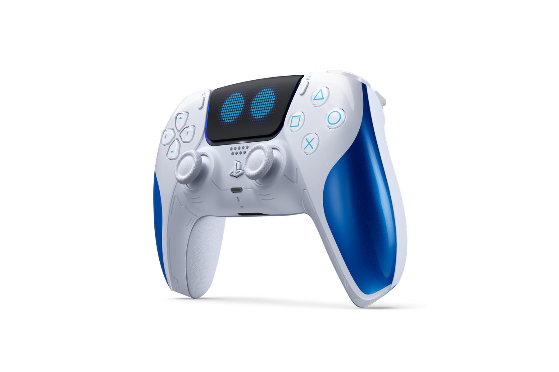 Weiß-blauer Gaming-Controller auf schwarzem Hintergrund mit mehreren Tasten und zentralem Logo.