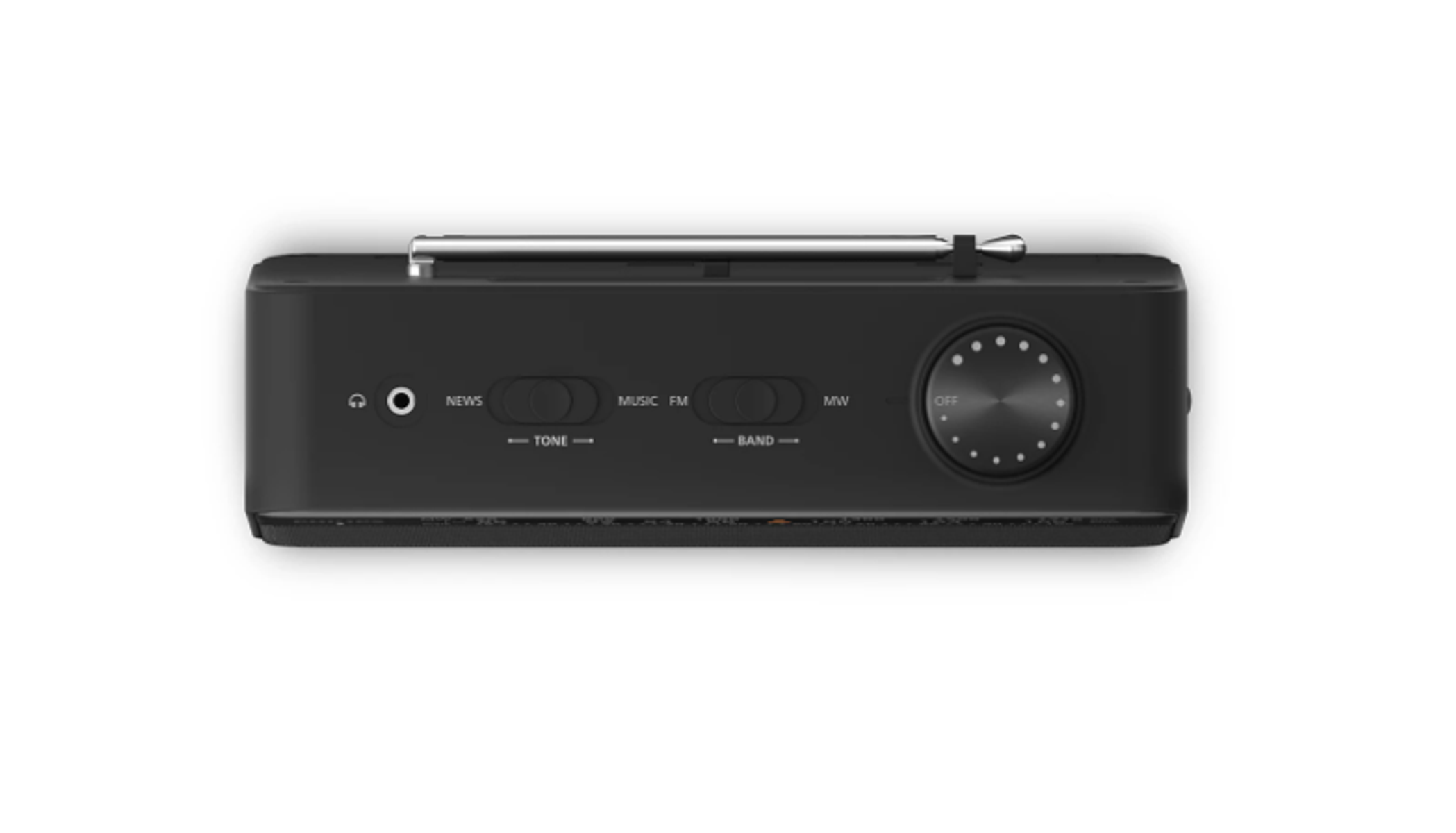 Czarny radioodbiornik, widok z góry, z przyciskami, pokrętłem i anteną na białym tle.