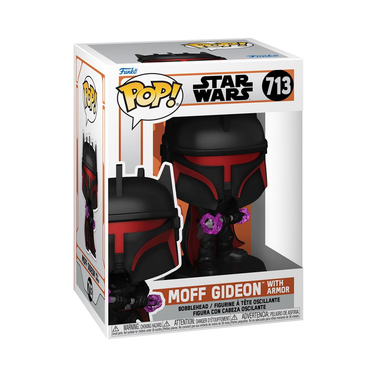 Funko Pop Figur von Moff Gideon mit Rüstung, in einer Box mit Star Wars Branding.