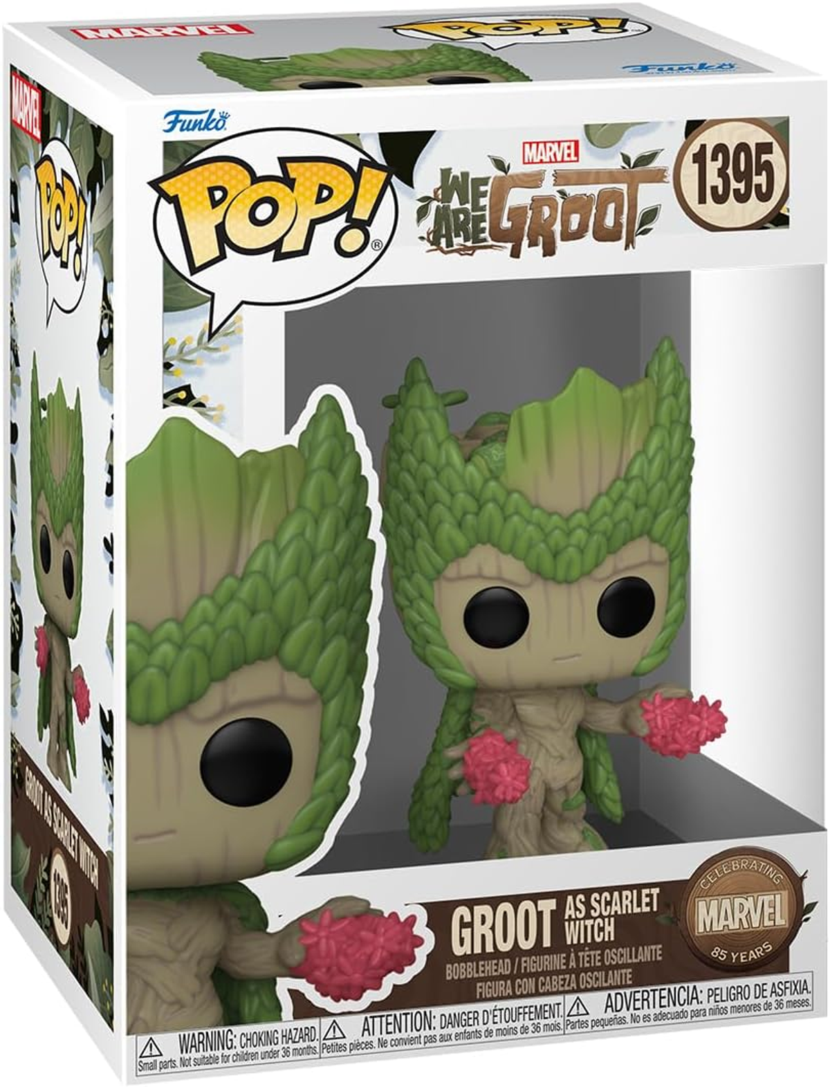 Groot come Scarlet Witch Pop in una scatola. La figura è verde e marrone con un fiore rosso.