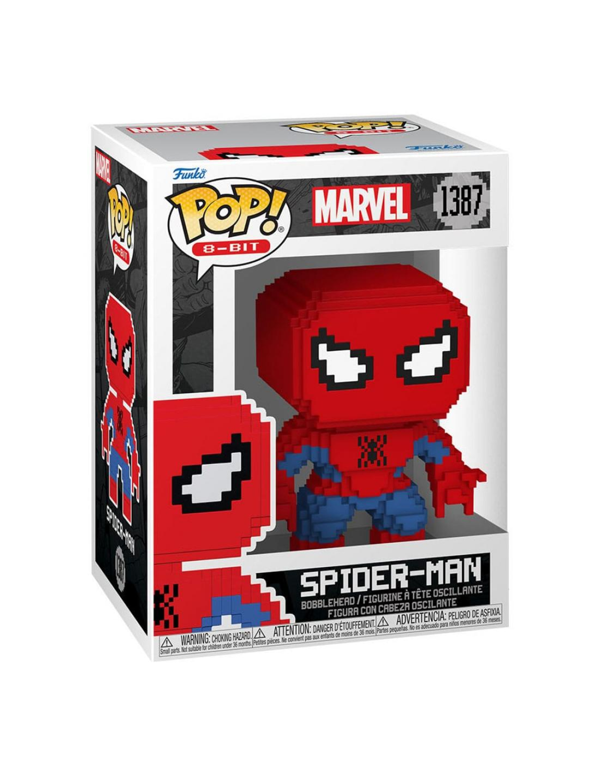 Figura Pop! de Spider-Man en caja, estilo 8 bits. Colores rojo y azul.