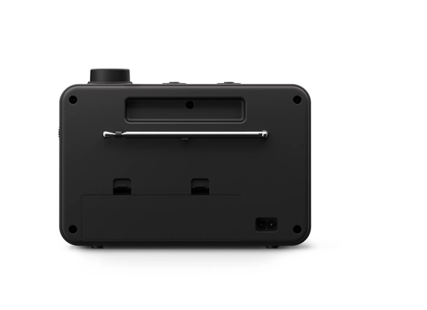 Widok z tyłu czarnego radia z chowaną anteną i portem zasilania.