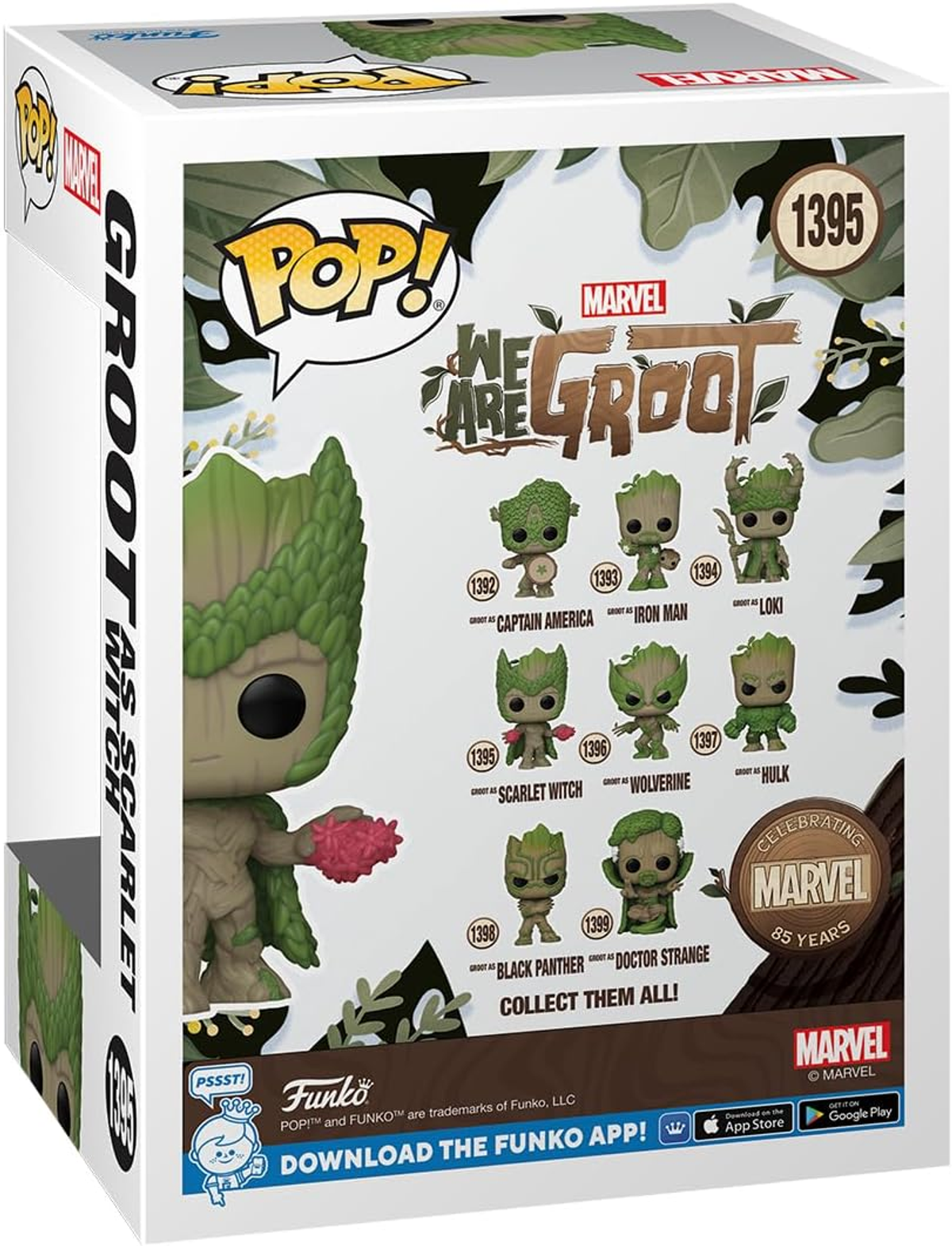 Scatola Funko Pop di Groot come Scarlet Witch, con varie altre figure Marvel. La scatola è bianca.
