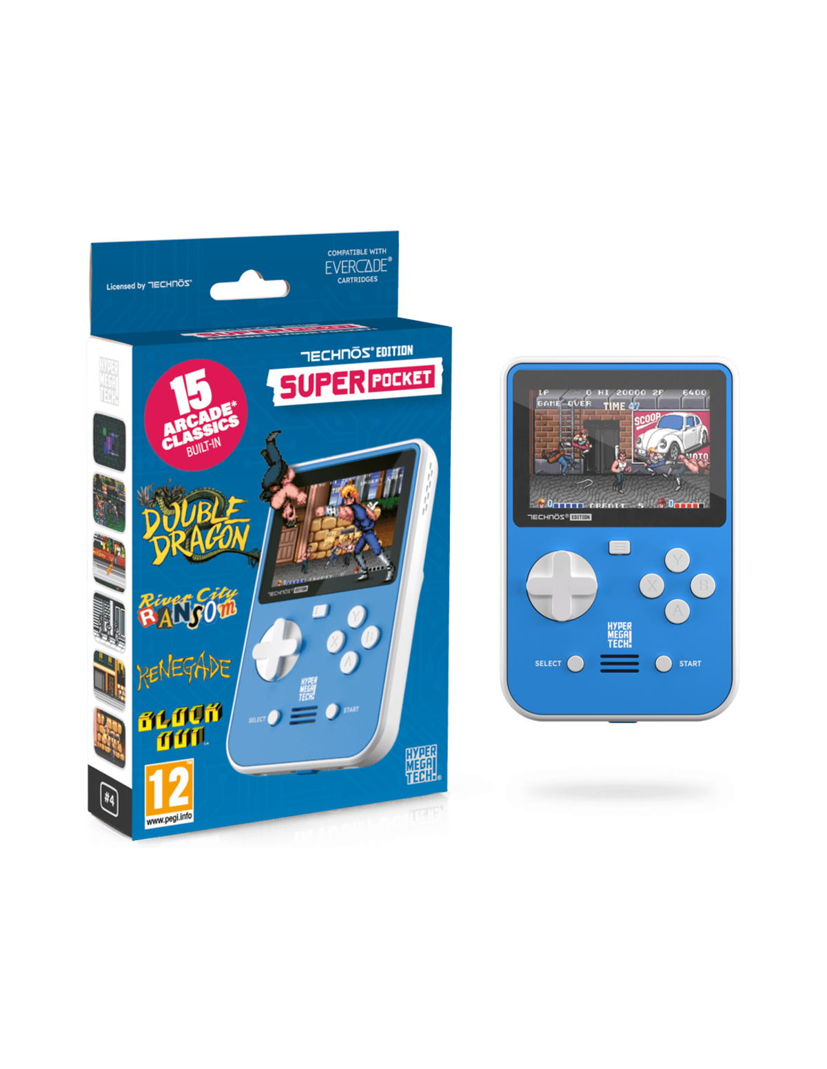 Consola de juegos portátil azul con pantalla de juego y una caja al lado.
