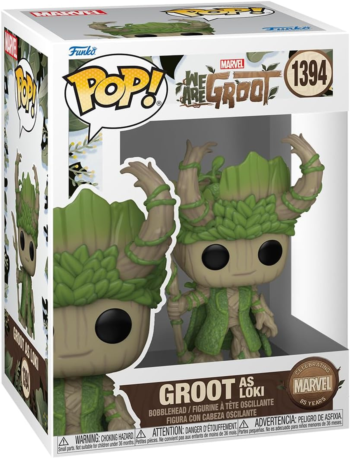 Caja Funko Pop de Groot como Loki, con texto e imágenes del personaje.