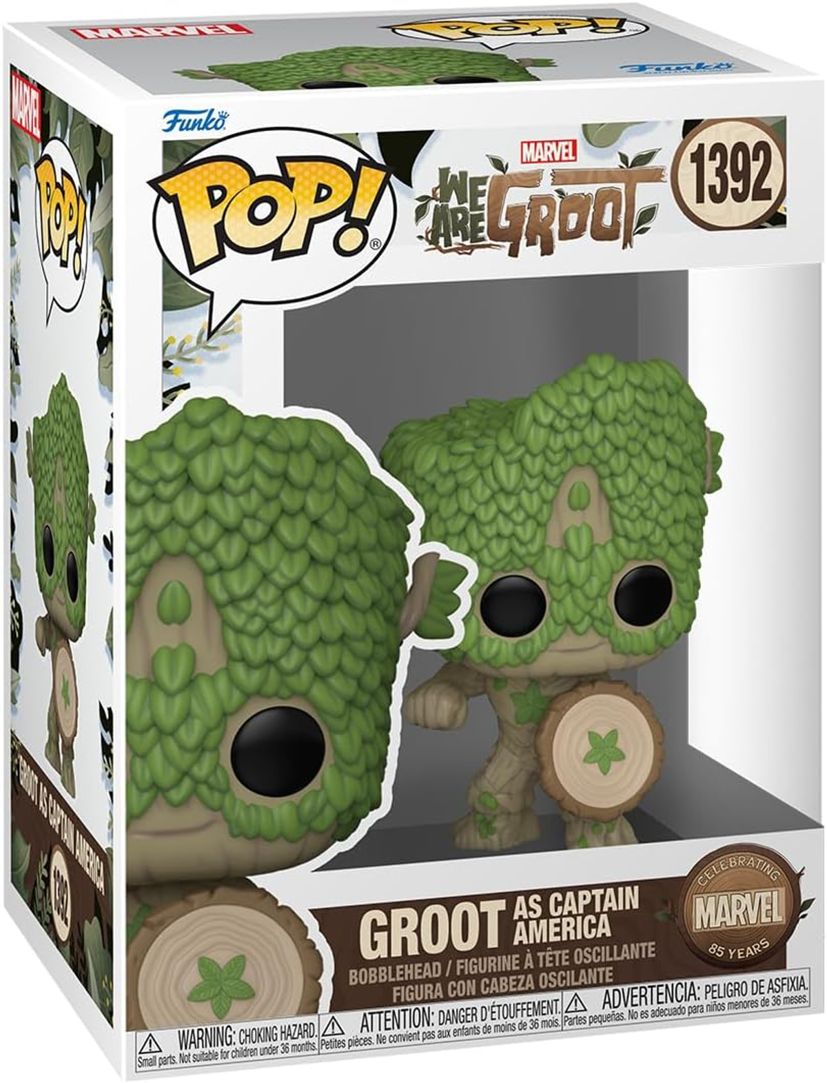 Groot als Captain America Funko Pop Figur in Box. Grüne Groot Figur, mit Schild. Box hat Text.