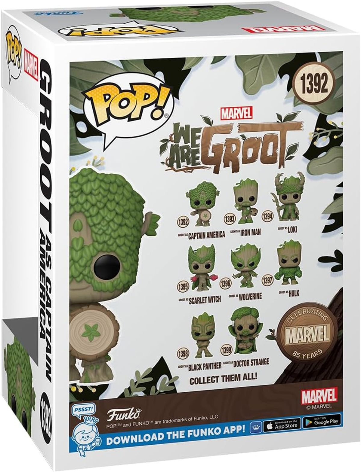 Schachtelkunst für eine Groot-Figur. Die Box hat verschiedene Groot-Figuren und die Worte 'We Are Groot' und 'Marvel'.