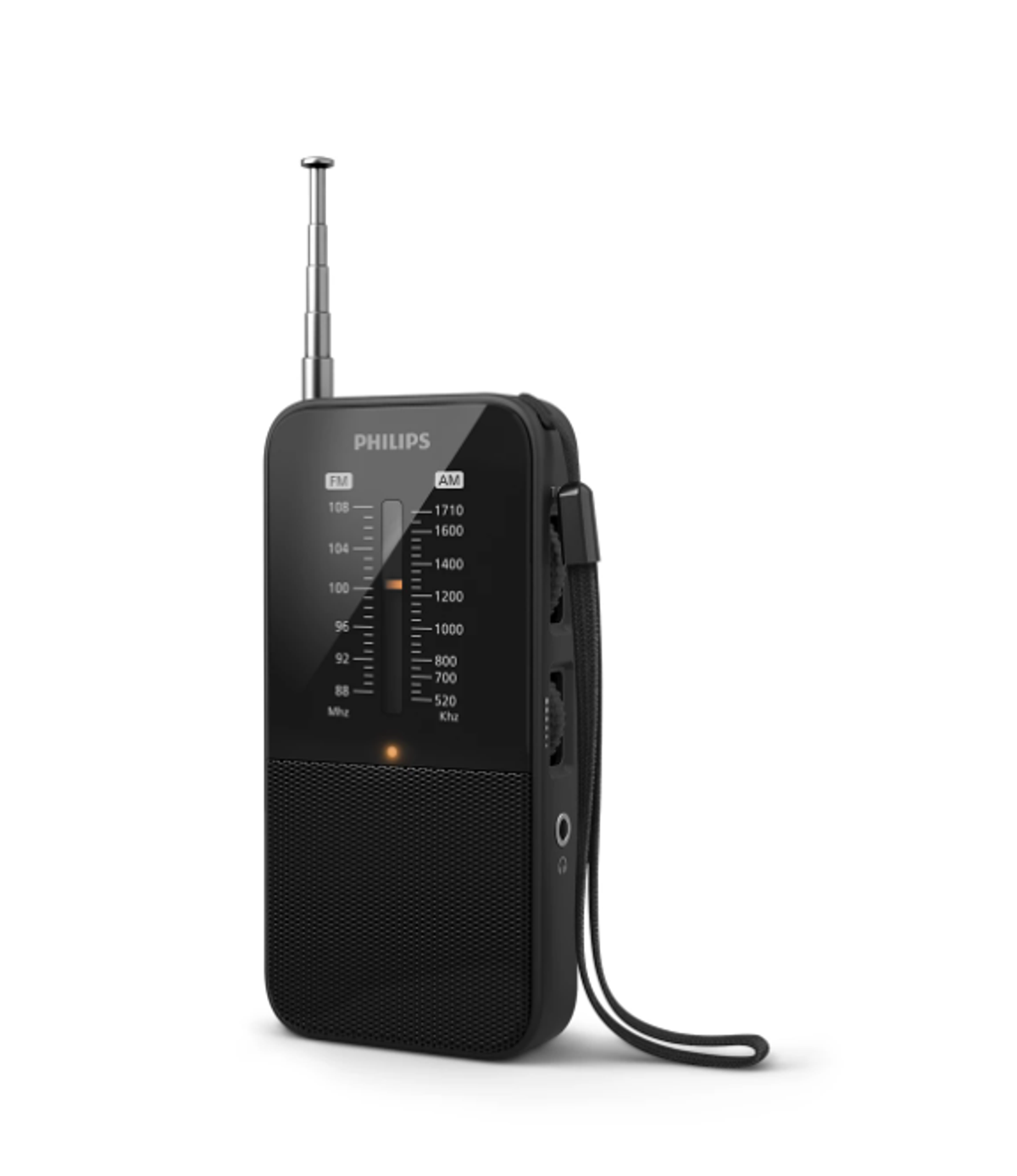 Czarny przenośny radioodbiornik z anteną, białe tło.