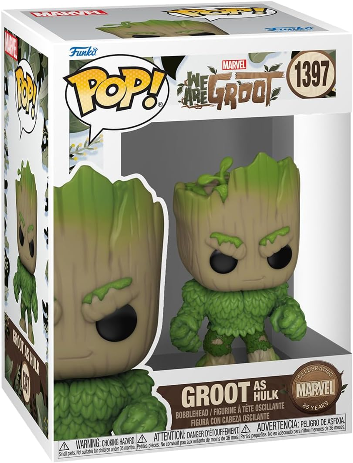 Una figura di Groot come Hulk Funko Pop nella sua scatola. La scatola mostra la figura e i suoi dettagli.