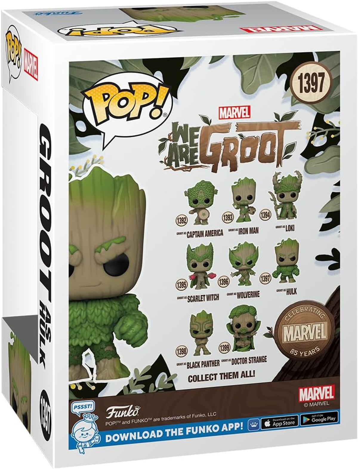 Scatola di un personaggio Funko Pop di Groot, con vari personaggi Marvel sul retro.