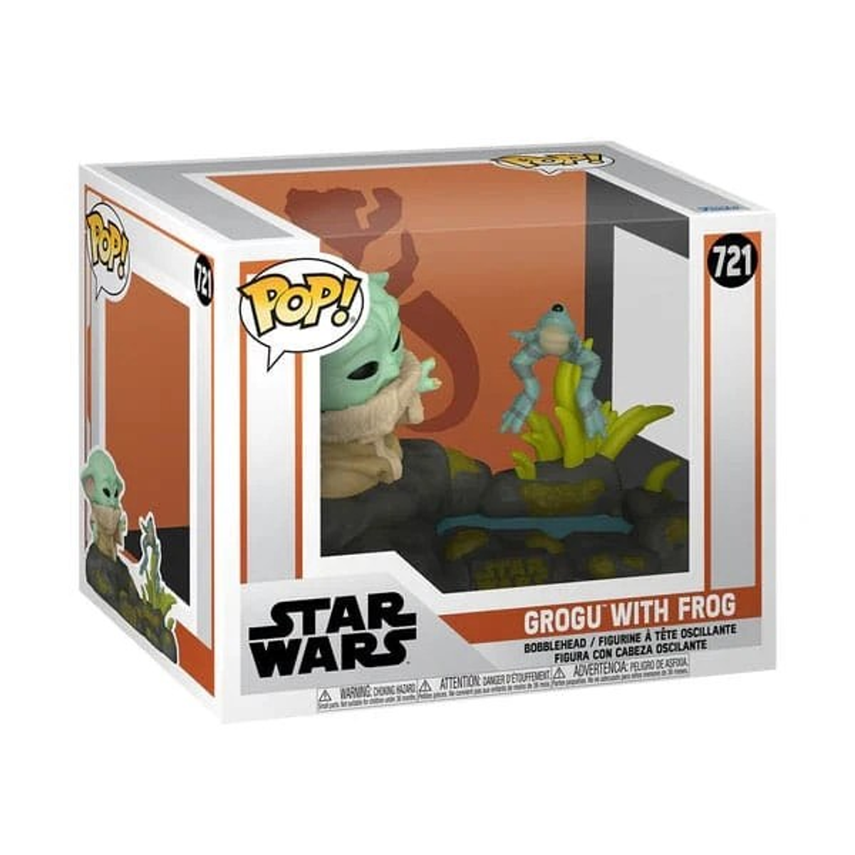 Funko Pop-Box mit Grogu mit einem Frosch und einer Froschfigur. Weißer Hintergrund.