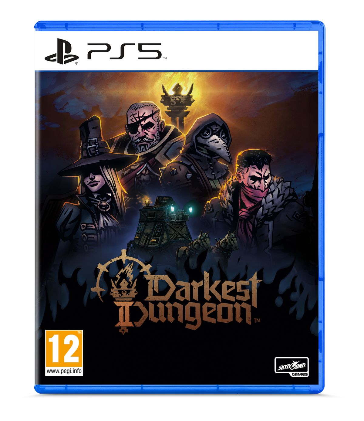 Grafika pudełka gry PS5 dla Darkest Dungeon II, z kilkoma postaciami.