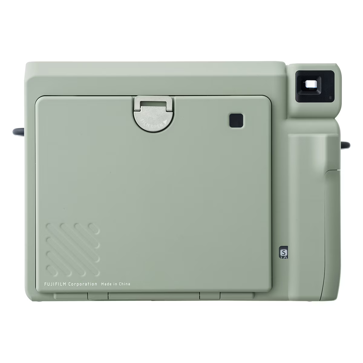 Een lichtgroene instant camera met een zwarte lens en een open achterdeur.