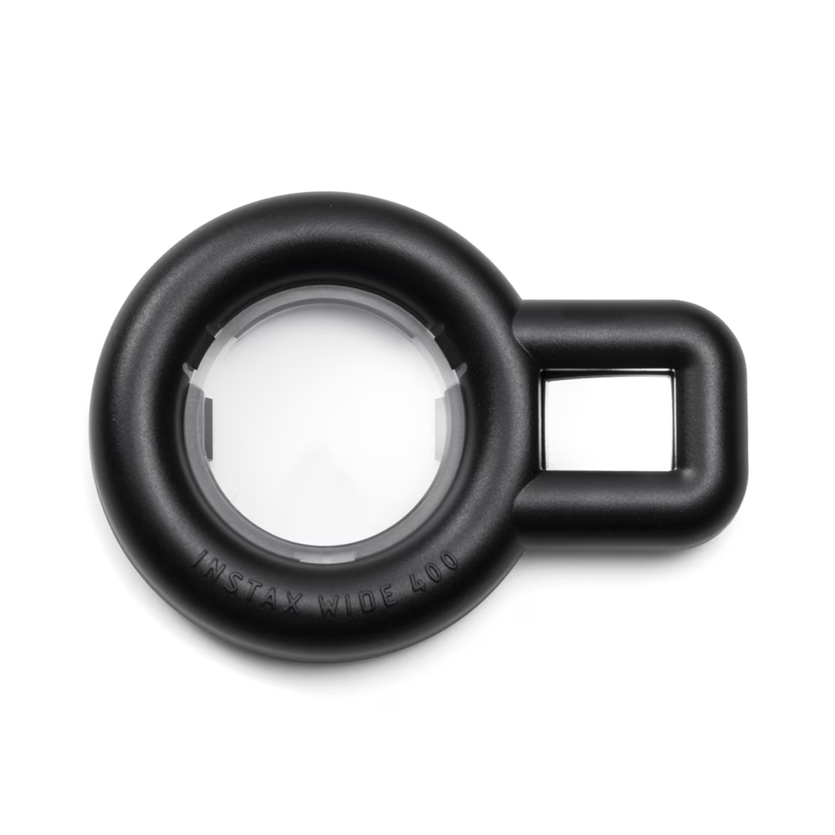 Zwarte Instax Wide 400 lensring met een rechthoekige zoeker op een witte achtergrond.