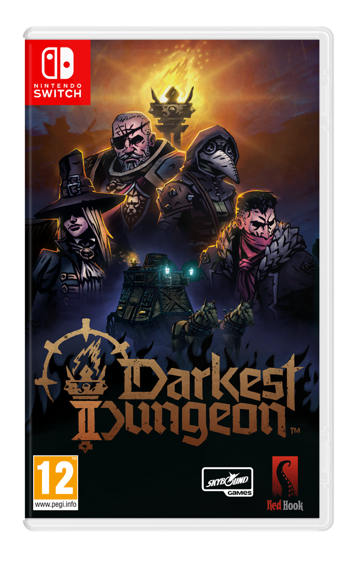 Carátula del juego. Se muestran los personajes de Darkest Dungeon. El fondo es una escena oscura de fantasía con texto.