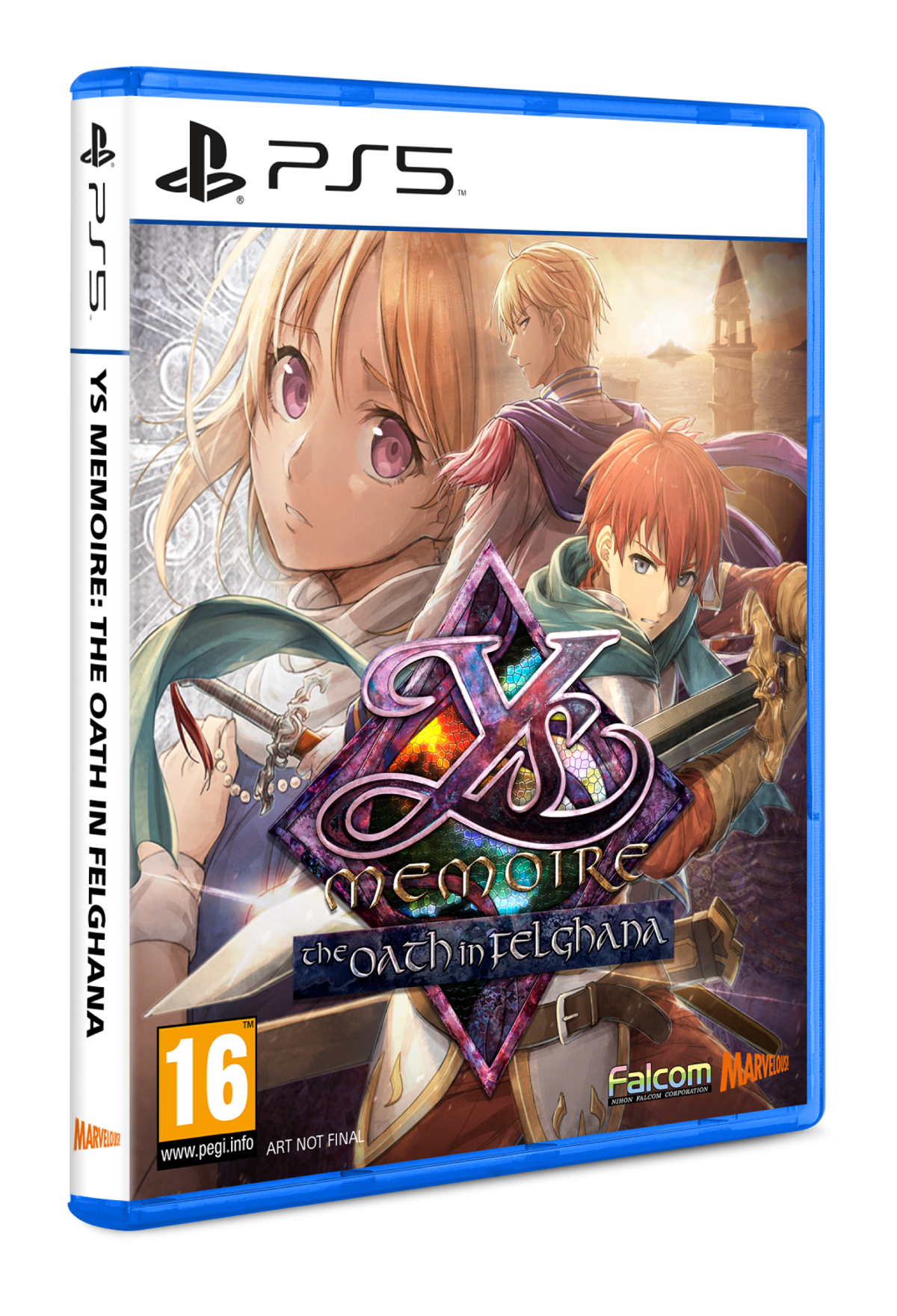 Portada de juego PS5. Arte estilo anime de personajes. Título: Ys Memoire. Fondo azul y blanco.