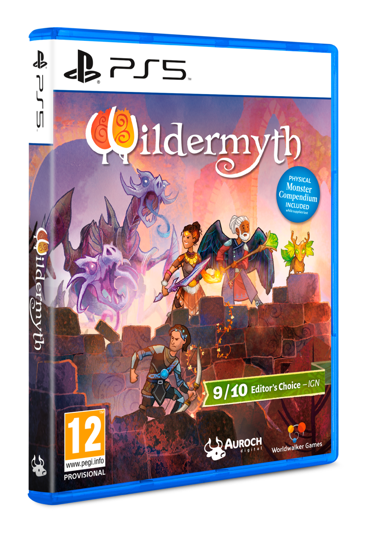 Caja de juego PS5 de Wildermyth. Personajes mostrados con un dragón, una calificación y el título del juego.