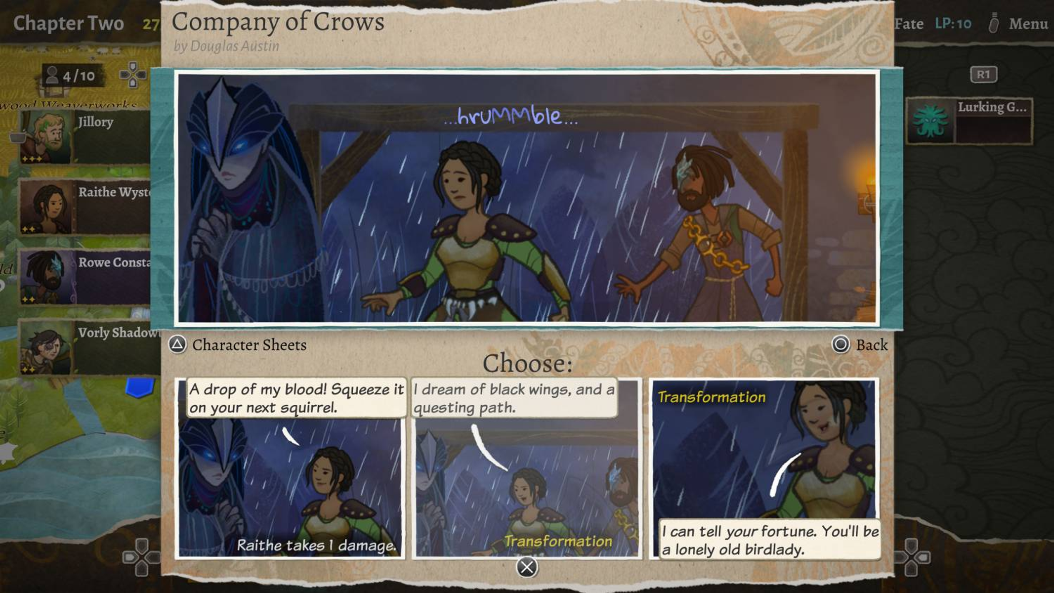 Captura de pantalla de un juego que presenta una narrativa con personajes al estilo cómic. La escena parece estar lloviendo.