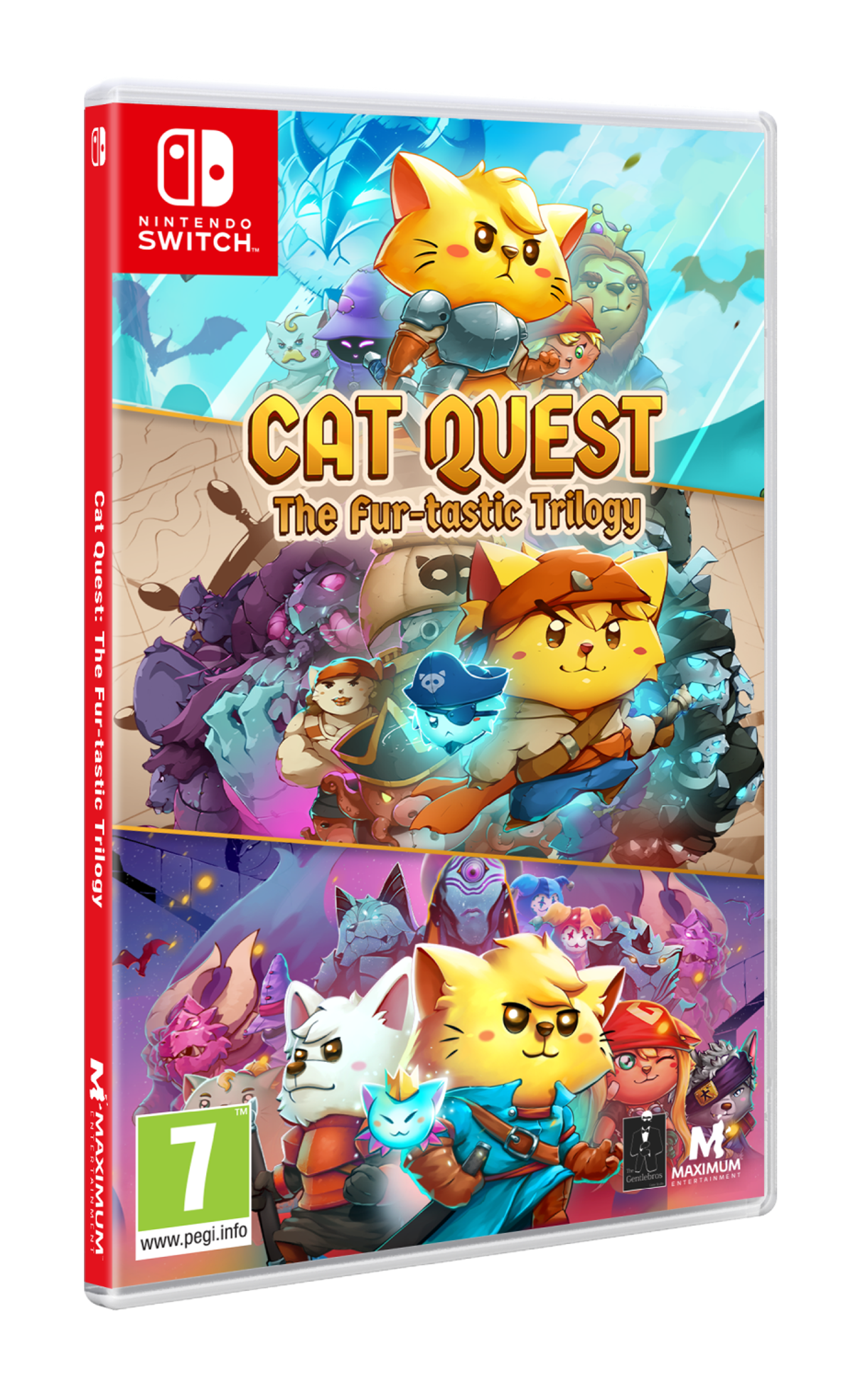 Caja del juego Cat Quest: The Fur-tastic Trilogy. Ilustración colorida de gatos.
