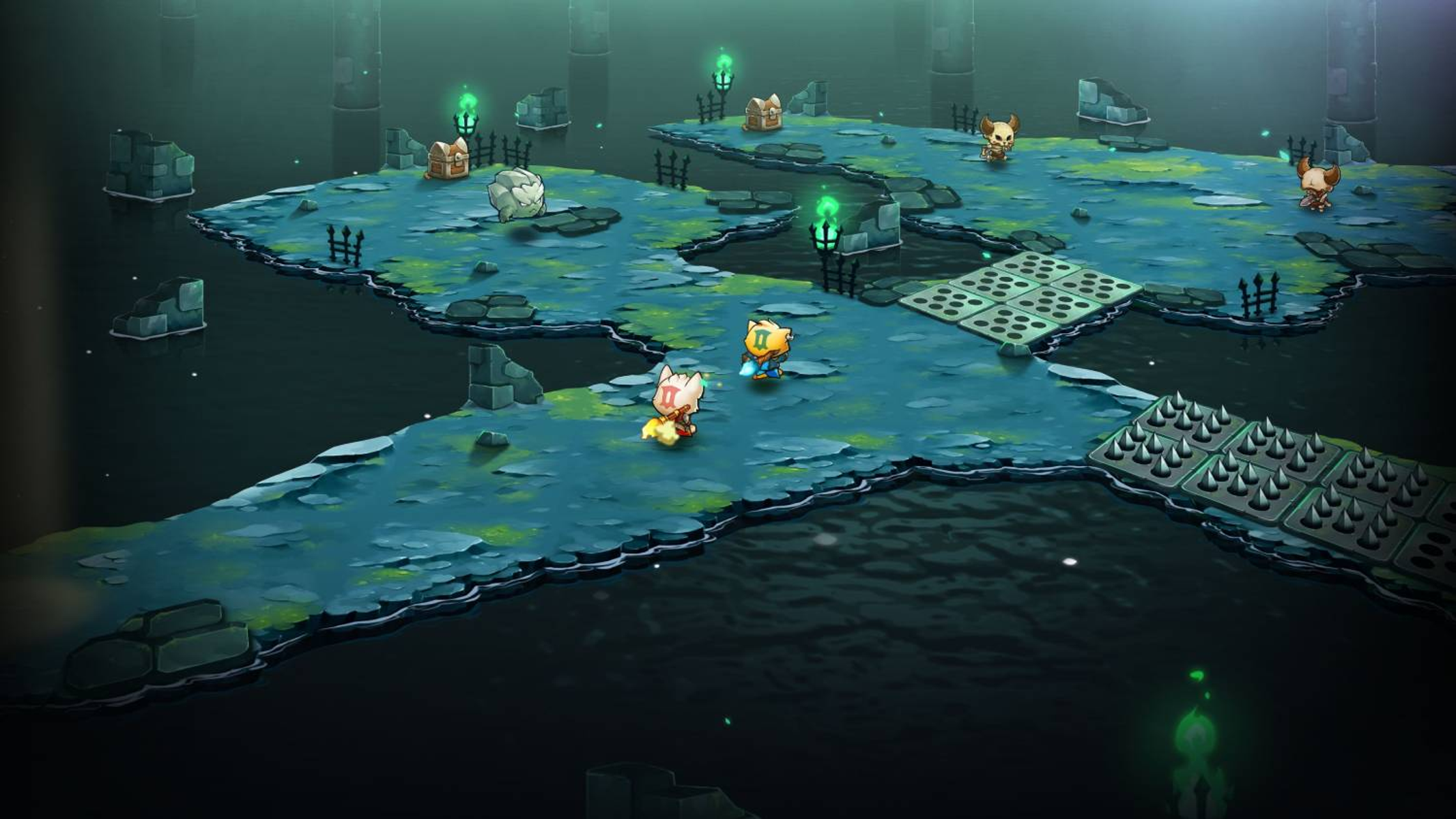 Una vista dall'alto di una scena di gioco a cartoni animati. Ci sono piattaforme, acqua e personaggi dei cartoni animati.