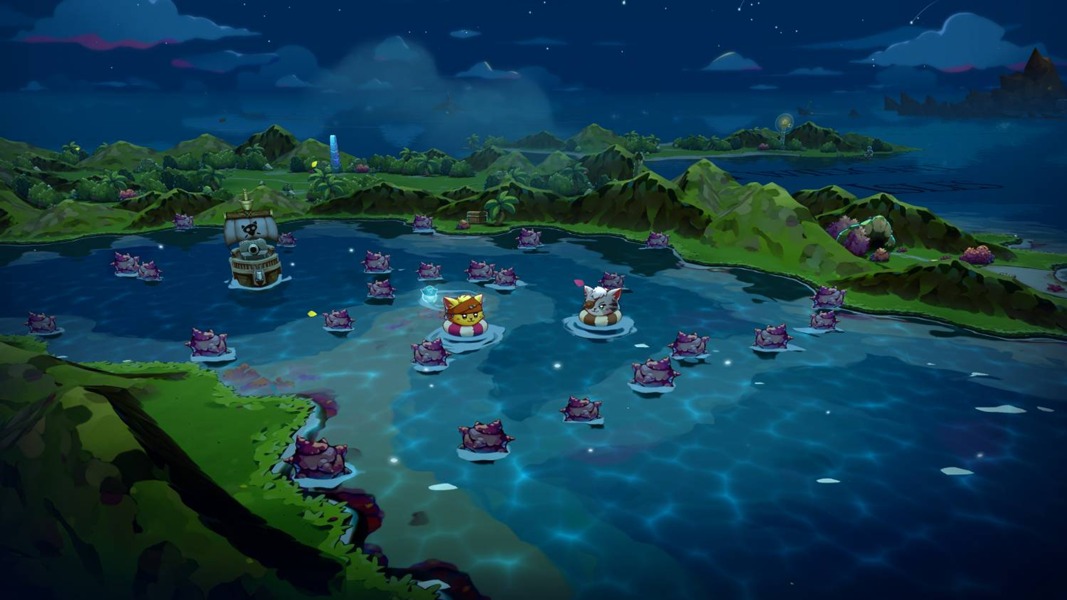 Scena dell'isola con personaggi dei cartoni animati in barca, circondati dall'acqua, cielo notturno.