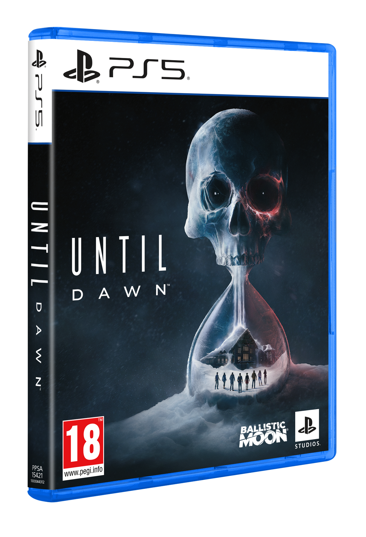 Pudełko gry PS5 Until Dawn, widok pod kątem. Zawiera motyw czaszki i klepsydry.
