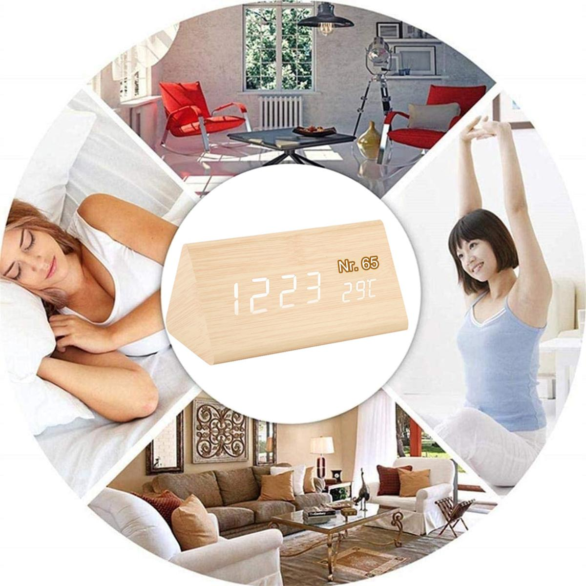 Ein hölzerner Wecker mit der Anzeige 12:23, mit verschiedenen Lifestyle-Szenen im Hintergrund.