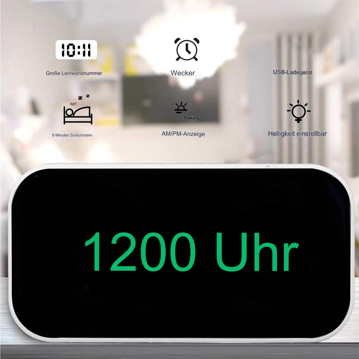 Digitaluhr mit der Anzeige 12:00 Uhr. Symbole für Wecker, Schlaf und weitere Funktionen.
