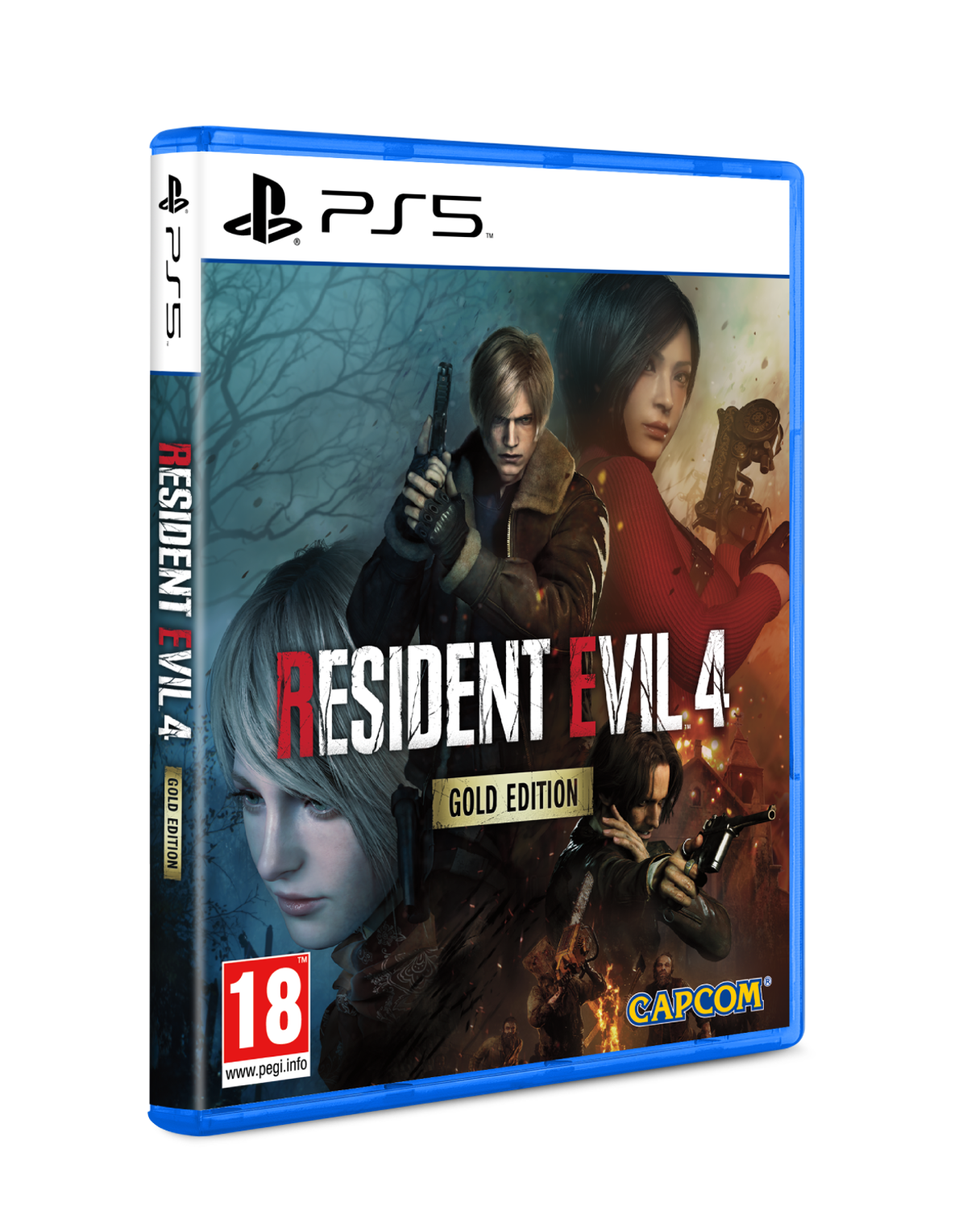 La scatola del gioco Resident Evil 4 Gold Edition, con immagini dei personaggi e il logo PS5.