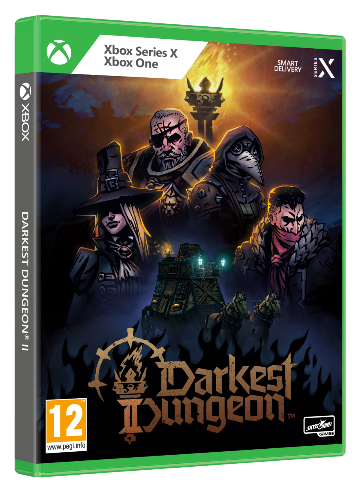 Portada del juego Xbox Series X. Arte de fantasía oscura con personajes. Título: Darkest Dungeon II. Verde y oscuro.