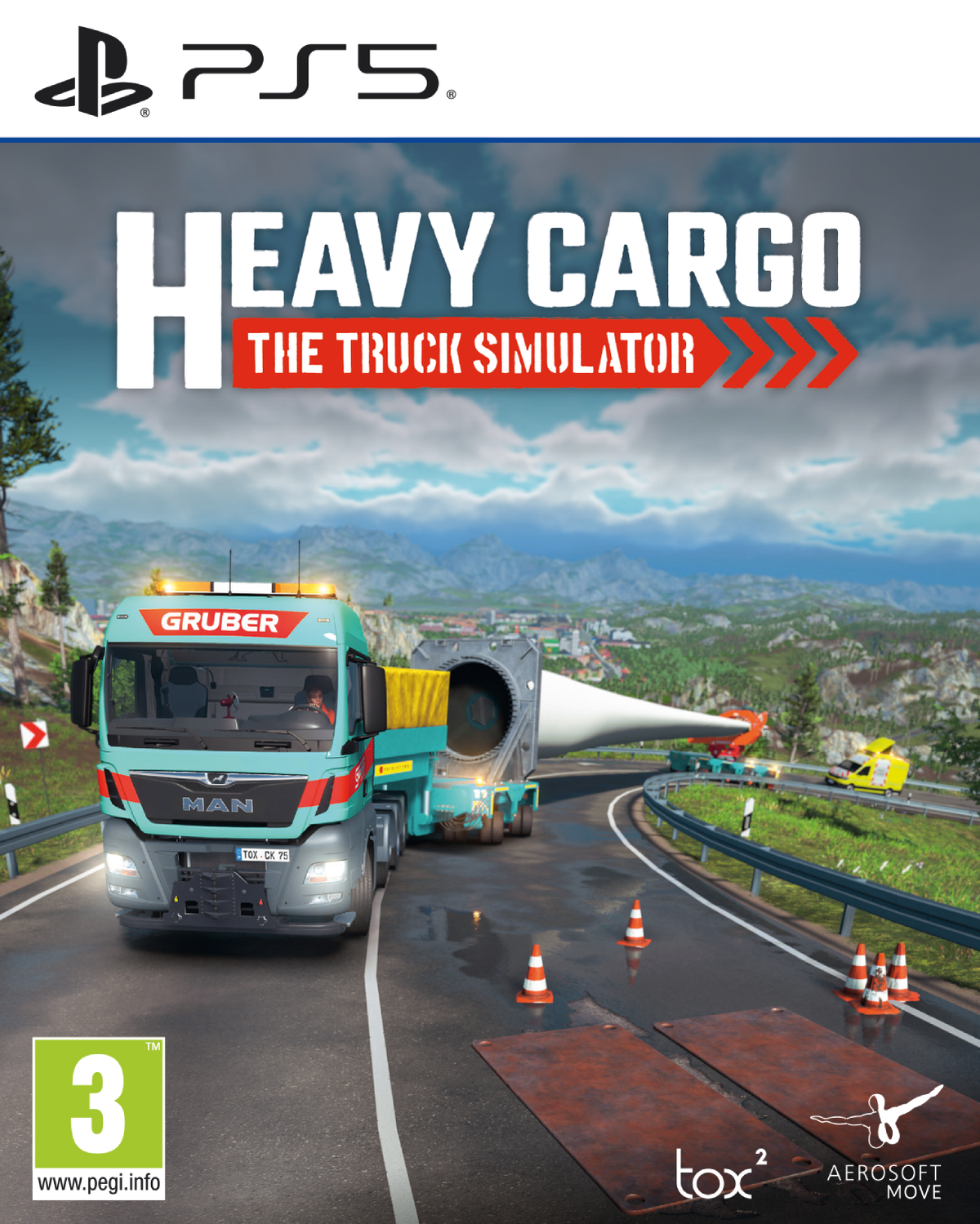 Pudełko gry "Heavy Cargo: The Truck Simulator" przedstawiające ciężarówkę na drodze z turbiną.
