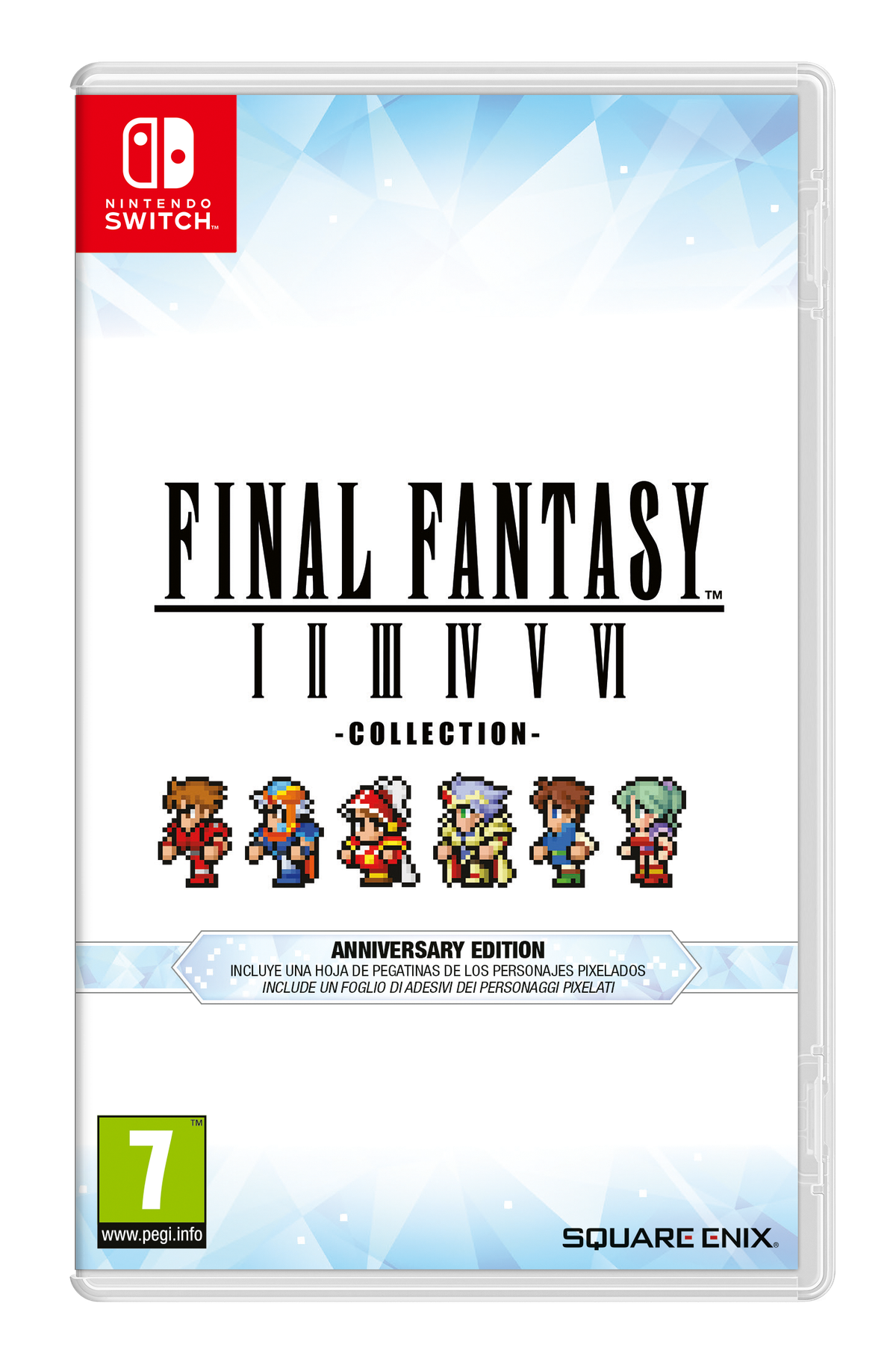 Caja de juego de la colección Final Fantasy I-VI para Nintendo Switch, con personajes pixel art.