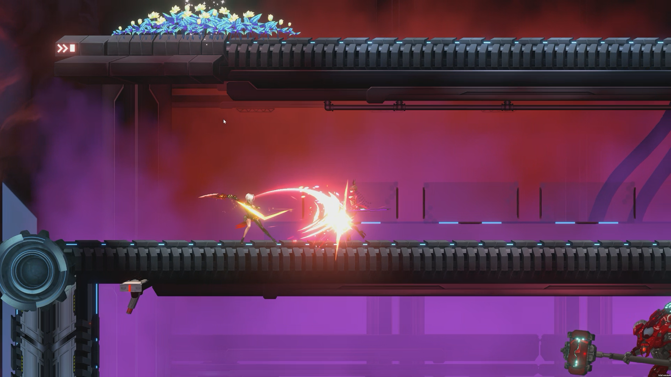 Una escena de videojuego de desplazamiento lateral con dos personajes luchando con espadas láser.